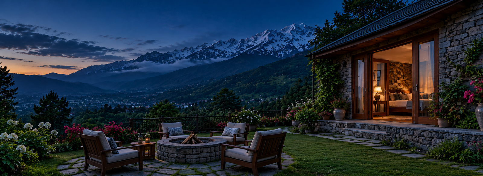 Stone cottage with a green garden and Dhauladhar mountain scenery in Bagora, Palampur